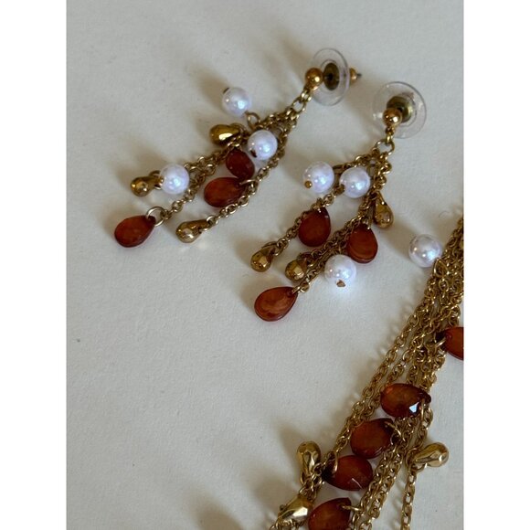 Premier Jewelry Gold Multi-Strand Necklace Earrings Set Faux Pearls Amber Color - Picture 4 of 9